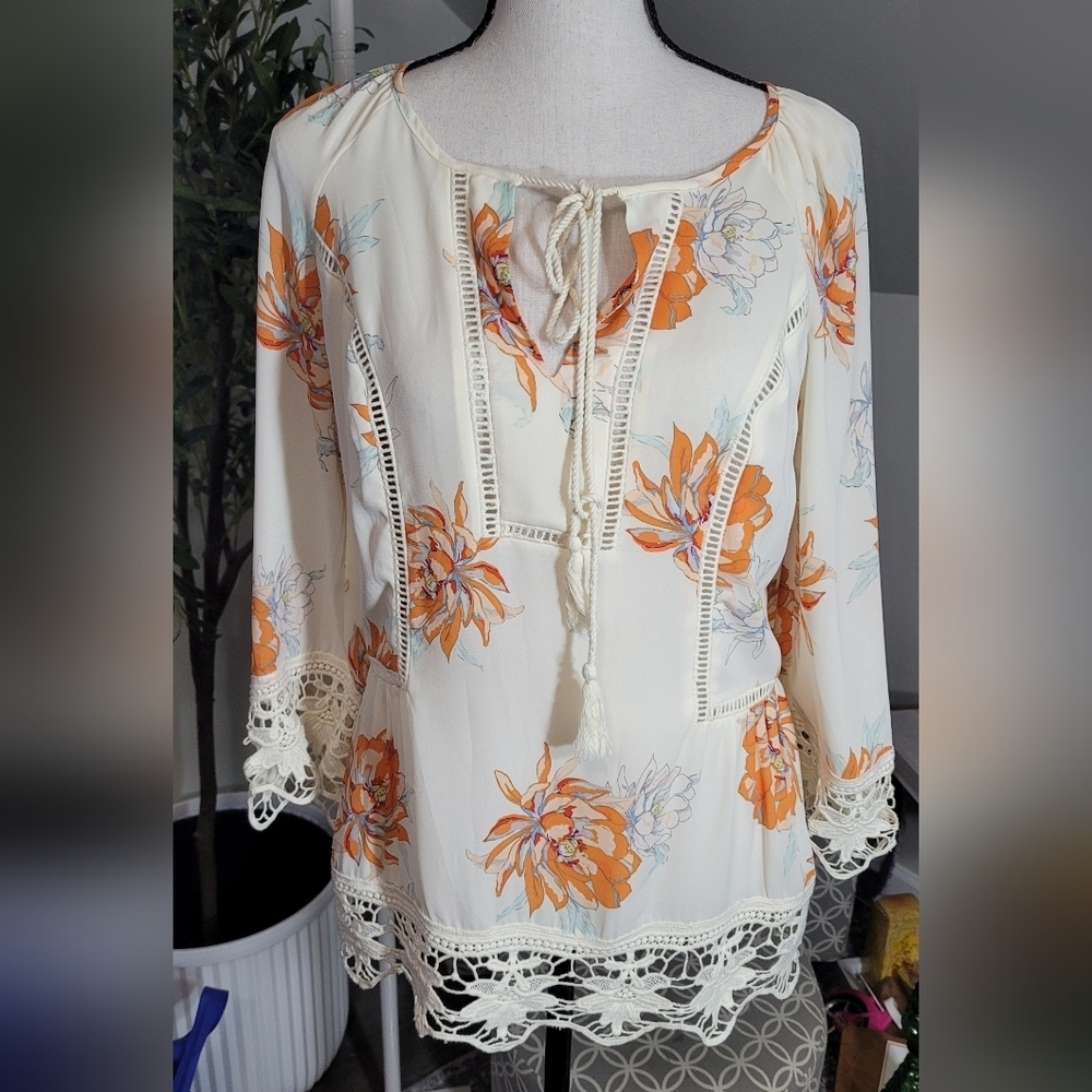 GIBSON LATIMER Anthropogie Peasant Boho Ivory‎ Floral Crochet Womens Size S